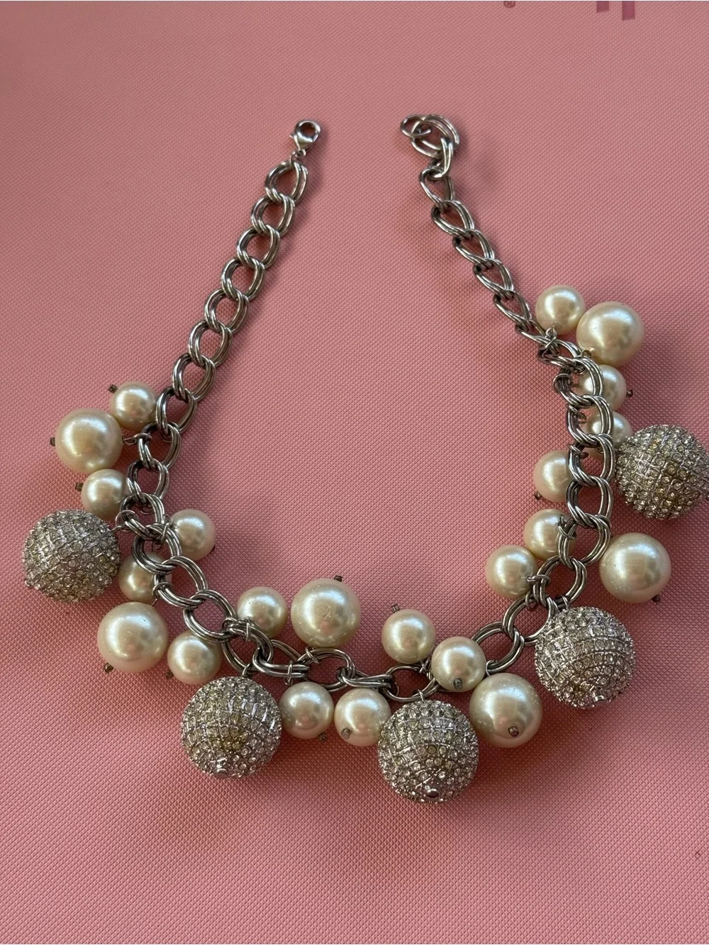Pearl and Pave Ball Charm Statement 8 inch Necklace - Silver-toned, GUC